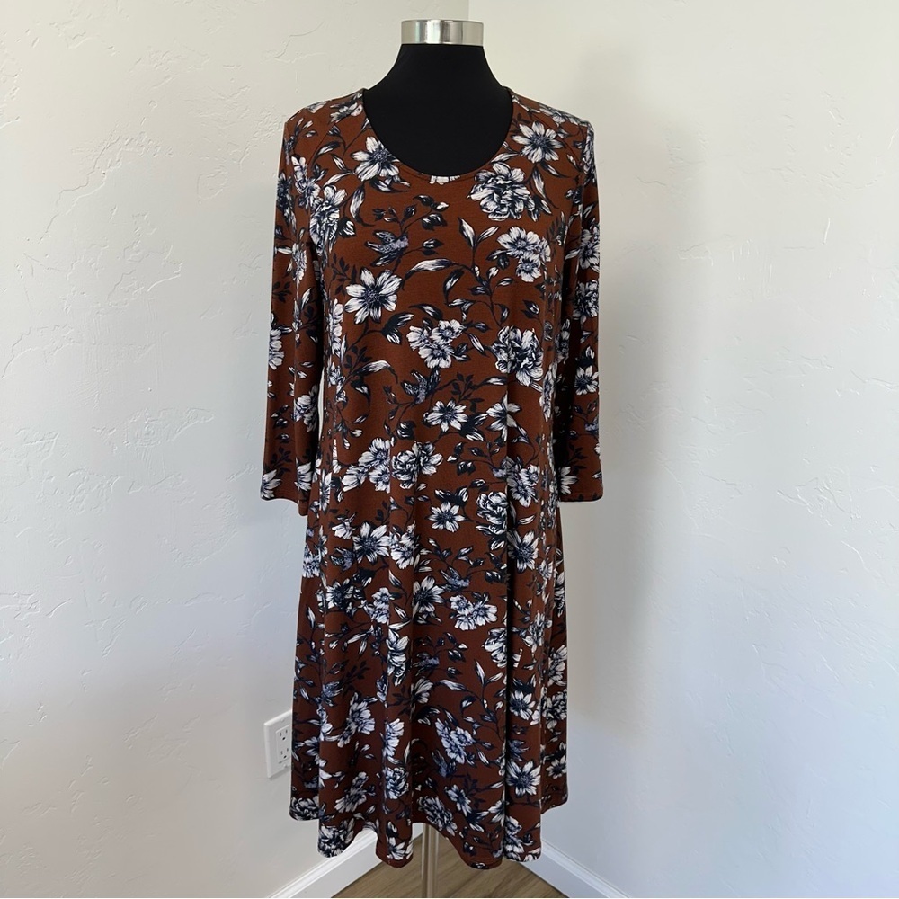 Garnet Hill Brown Floral 3/4 Sleeve Midi Dress Size L